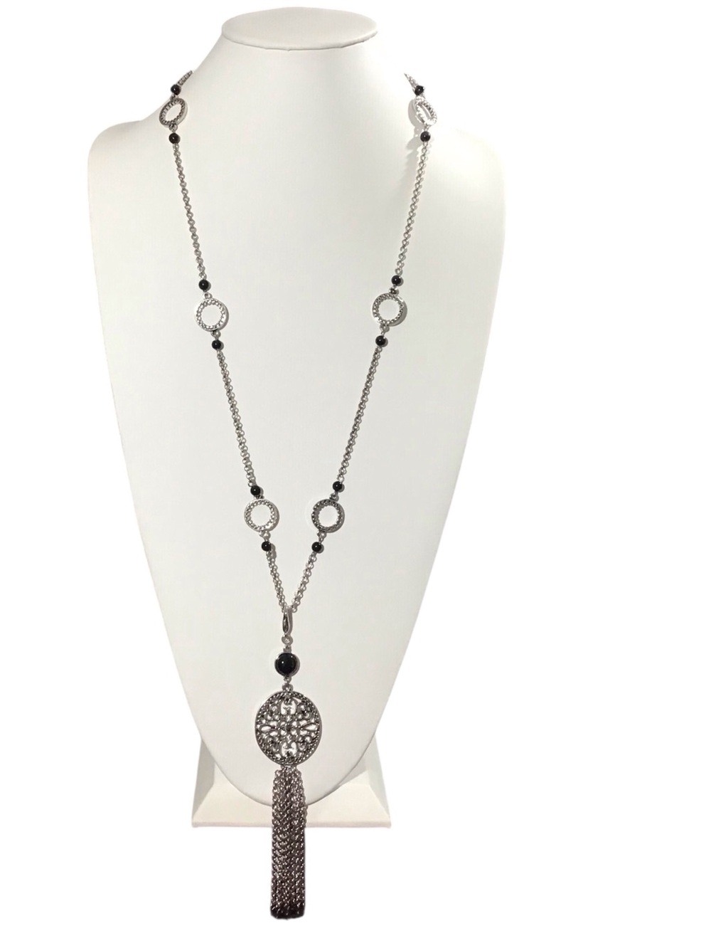Lia Sophia Filigree Tassel Necklace Bag Charm Silver Tone Fashion Jewelry